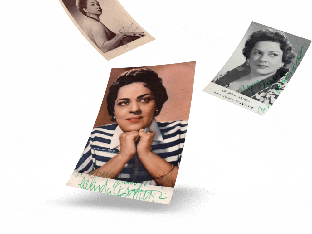 A imagem mostra várias fotos autografadas de artistas e cantores de rádio que as irmãs Volpato receberam pessoalmente ou pelos Correios.